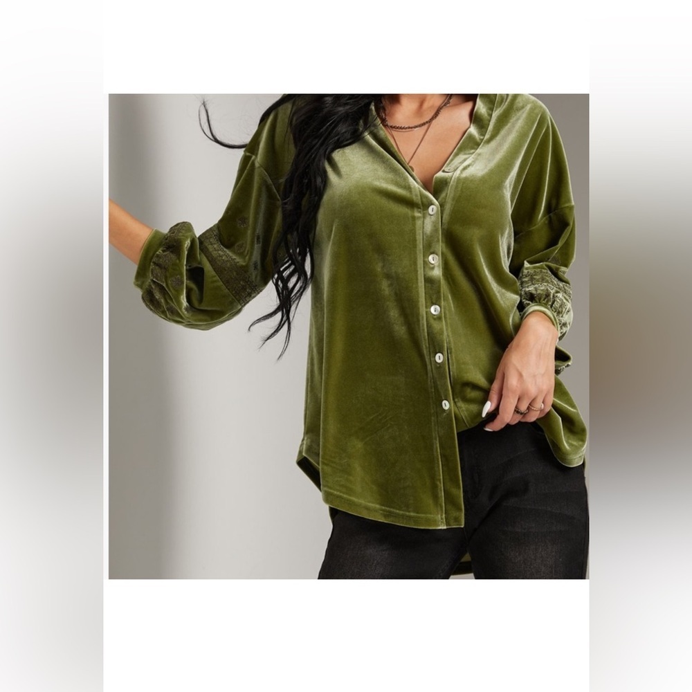 Elegant Olive Velvet Button-Down Shirt